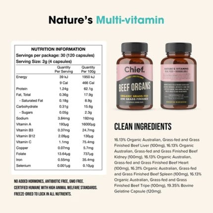 Chief Beef Organs – Organic Grass Fed and Finished nutrition information and ingredients