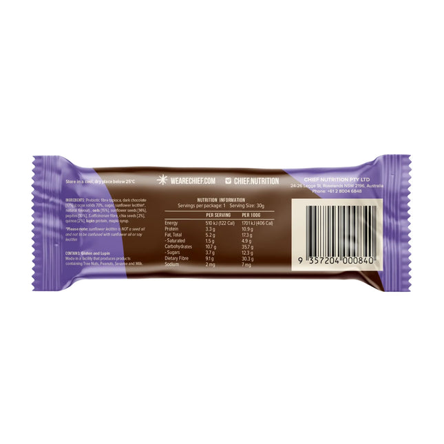 Nutrition information label on Chief Thankful Choc Chia packaging