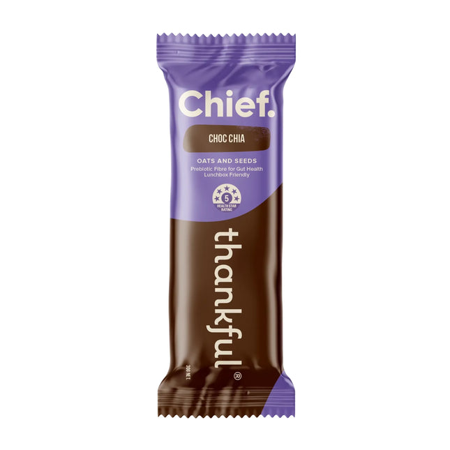 Chief Thankful Choc Chia snack bar packaging on a white background