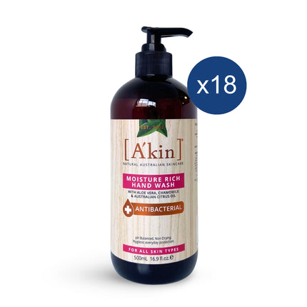 Carton of 18 A’kin Moisture-Rich Antibacterial Hand Wash 500ml bottles for bulk commercial or facility supply