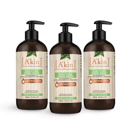 Three bottles of A’kin Purifying Antibacterial Hand Wash 500ml