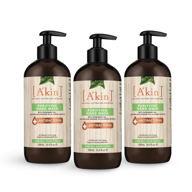 Three bottles of A’kin Purifying Antibacterial Hand Wash 500ml