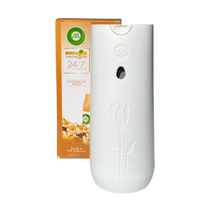Front of Air Wick Automatic Spray Vanilla & Soft Cashmere Essential Oils 174g with box packaging