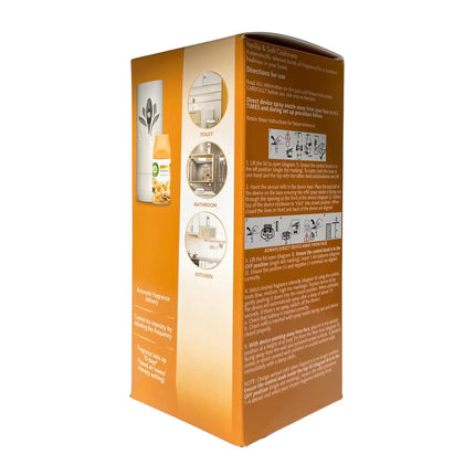 Back of Air Wick Vanilla & Soft Cashmere Automatic Spray box with directions for use and adjustable spray interval settings