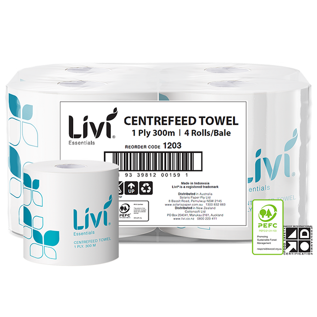 Centrefeed towel 1 ply 300m 4 rolls per bale