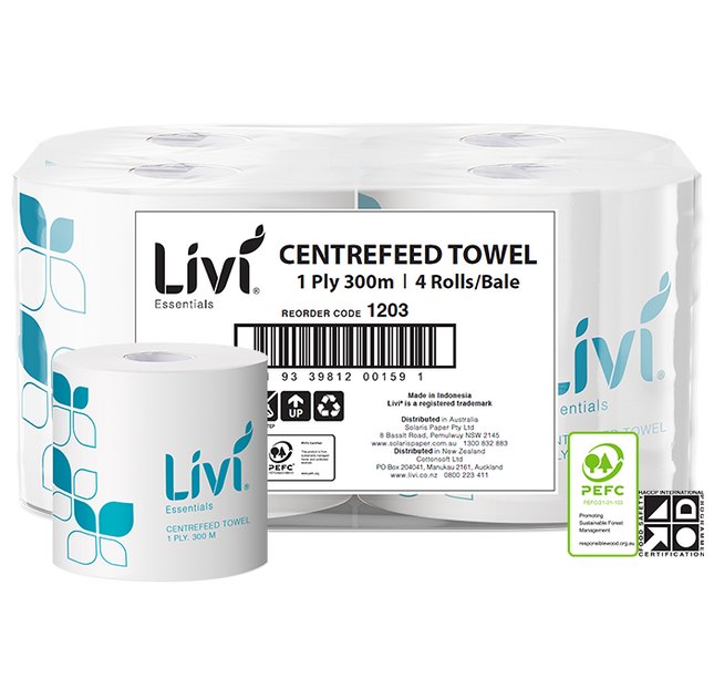 Centrefeed towel 1 ply 300m 4 rolls per bale