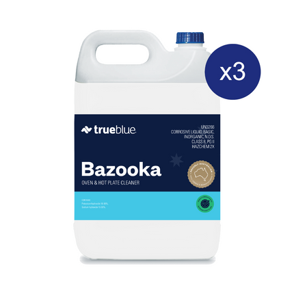 Bulk pack of 3 True Blue Bazooka oven and grill cleaner bottles for commercial kitchens