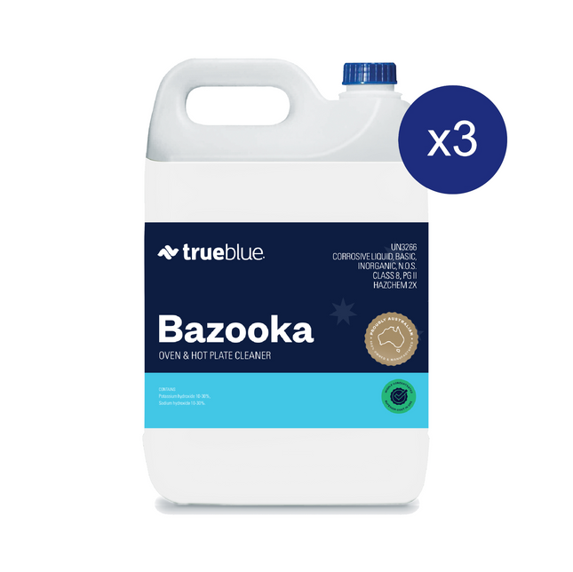 Bulk pack of 3 True Blue Bazooka oven and grill cleaner bottles for commercial kitchens