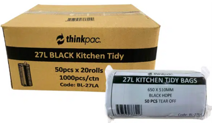 Black 27L small bin liner rolls for kitchen waste and light rubbish disposal