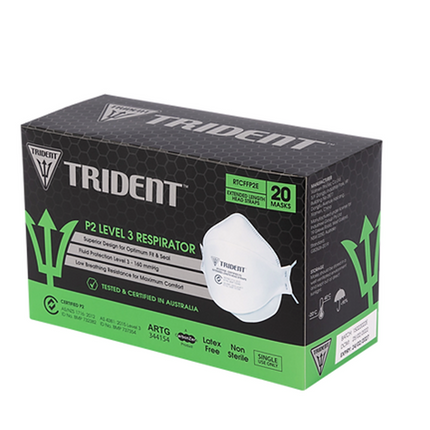 Box of Trident P2 respirator masks, Level 3 fluid protection, 20-pack certified PPE respirators for maximum fit and comfort