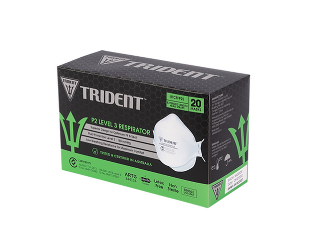 Box of Trident P2 respirator masks, Level 3 fluid protection, 20-pack certified PPE respirators for maximum fit and comfort