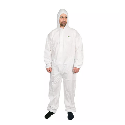 White Ultra Health coverall with hood donned by male model, used as a workwear overall for contamination control in healthcare, cleaning, or construction settings Type 5 & 6