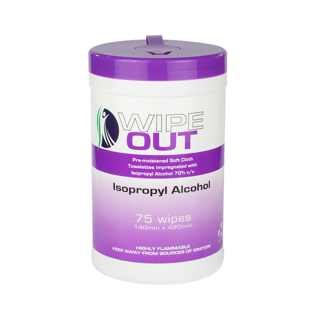 Wipe Out isopropyl alcohol wipes, pre-moistened with 70% isopropyl alcohol for effective cleaning, with 75 wipes per container