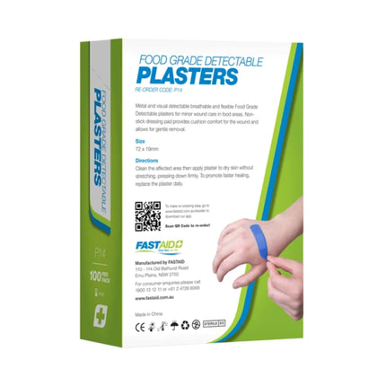 FASTAID Food Grade Detectable Plasters P44 box packaging, showing the back of the box with product details, instructions, a QR code, and a graphic of hands applying a blue plaster.