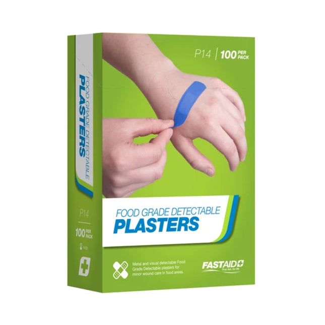 A box of FASTAID P14 Food Grade Detectable Plasters, 100 per pack, shown on a clean white background. The packaging is primarily light green with white and blue text and graphics, featuring a demonstration of a blue plaster applied to a hand.