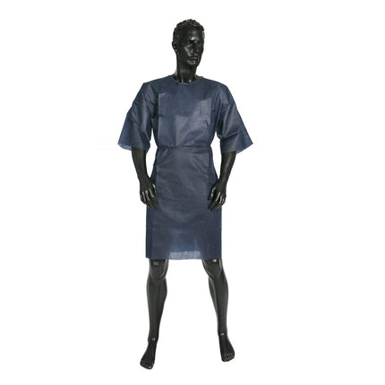 Mannequin wearing a dark blue disposable patient gown designed for single-use in medical or clinical settings