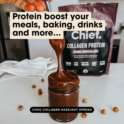 Chocolate collagen hazelnut spread made from Chief Collagen Protein Powder being poured into a jar