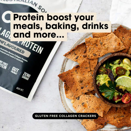 Gluten-free collagen crackers made using Chief Unflavoured Collagen Protein Powder with a bowl of guacamole