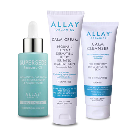 Allay Organics skincare trio bundle featuring Supersede Recovery Oil, Calm Cream and gentle Calm Cleanser
