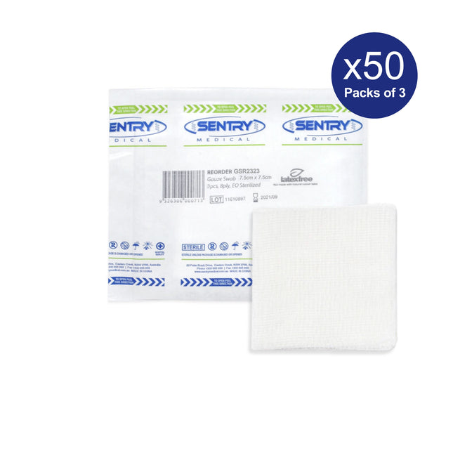 SENTRY® 8-Ply Sterile Cotton Gauze Swabs 7.5cm x 7.5cm – Pack of 3 Box of 50
