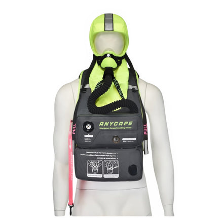 Front view of an Emergency Escape Breathing Device (EEBD) worn on a mannequin for emergency use