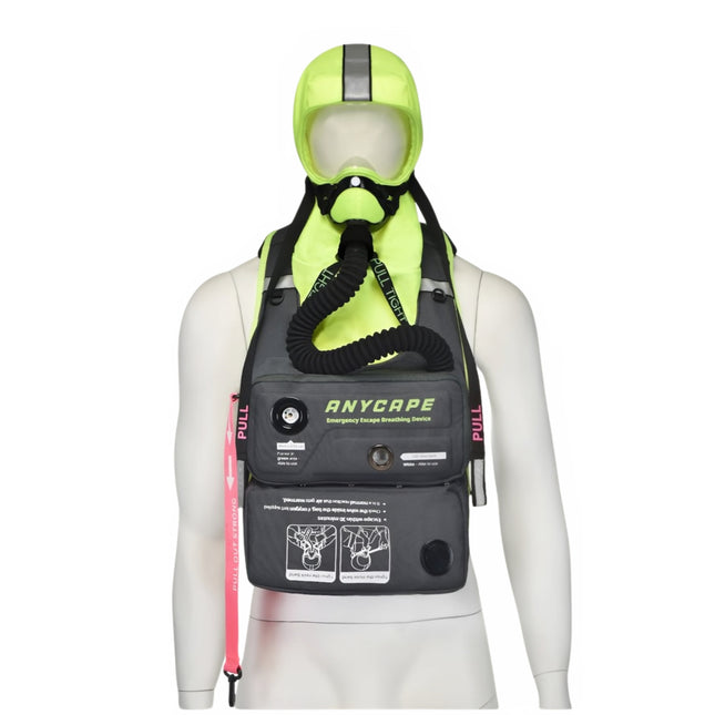Front view of an Emergency Escape Breathing Device (EEBD) worn on a mannequin for emergency use