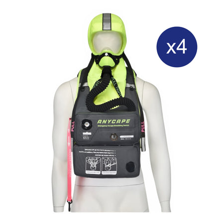 Carton of 4 Emergency Escape Breathing Devices (EEBD) displayed on a mannequin, showing the full setup