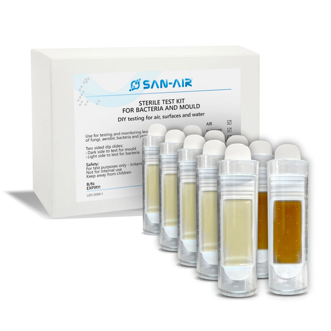 SAN-AIR sterile test kit for bacteria and mould with vials on a white background