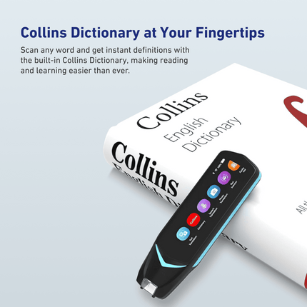 Reader pen with built-in Collins Dictionary shown next to a physical dictionary, offering instant word definitions for enhanced learning