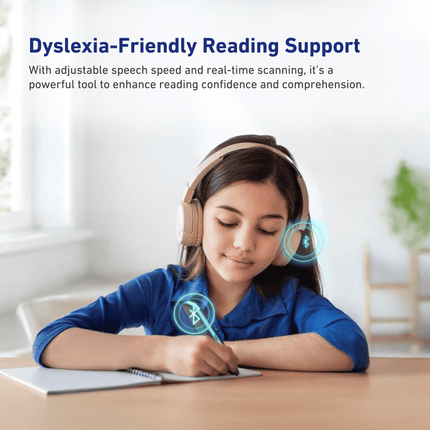 Young girl using a Bluetooth-enabled reader pen with headphones for dyslexia-friendly reading support and real-time text scanning