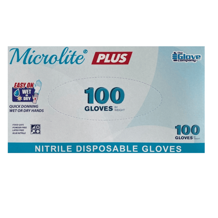 Box of Microlite Plus nitrile gloves, 100 powder free and latex free disposable gloves, suitable for wet or dry hands