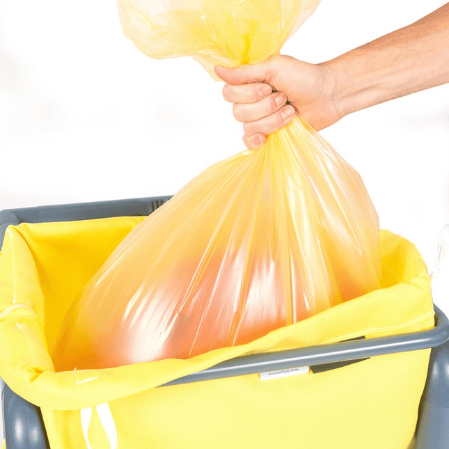 Yellow alginate bag suitable for medical and isolation laundry, dissolves completely during hot wash to prevent cross-contamination