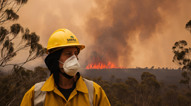 Firefighter wearing mask during bushfire