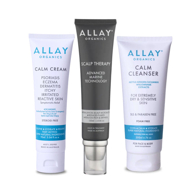 Allay Organics Calm Cream, Scalp Therapy and Calm Cleanser skincare bundle for sensitive skin and scalp