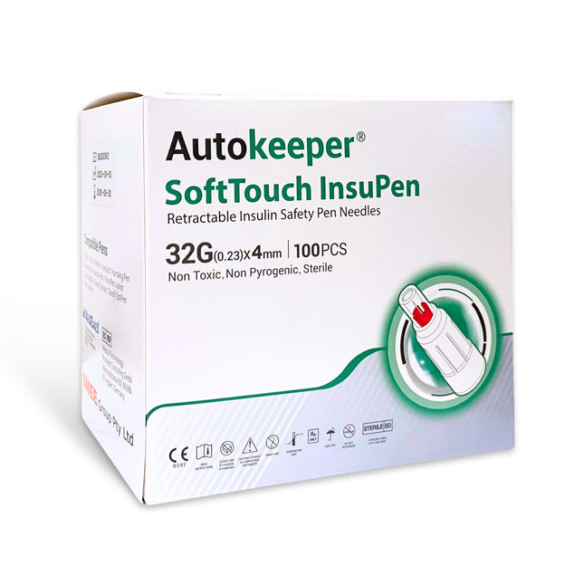 SoftTouch InsuPen – Retractable Insulin Safety Pen Needles packaging, a safe insulin pen needle for diabetes management