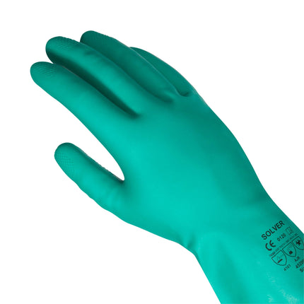 Green solvent-resistant nitrile glove front view, designed for durability and protection against oils and solvents