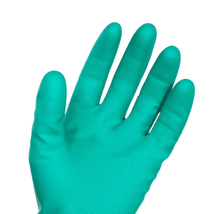 Green solvent-resistant nitrile glove shown from palm view, highlighting textured grip and chemical protection