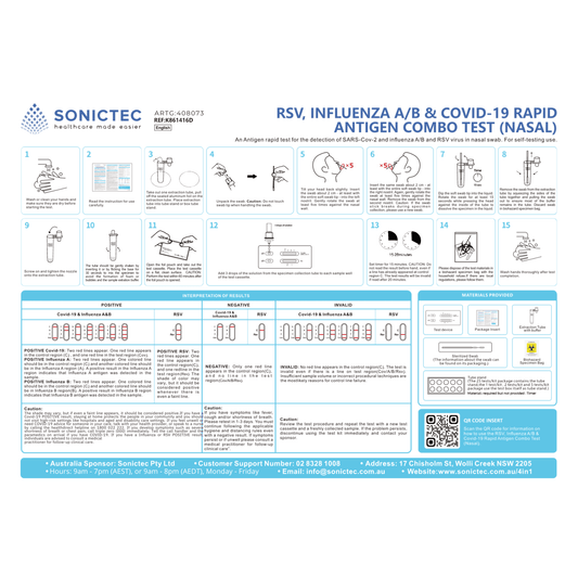 Sonictec RSV, Influenza A/B & COVID-19 Rapid Antigen Combo Test (Swab ...