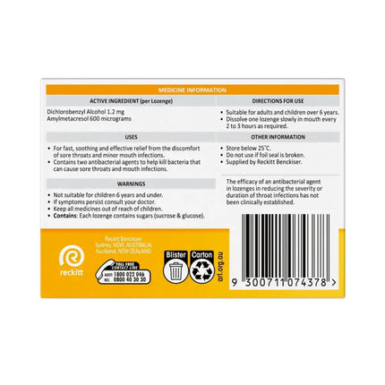 Strepsils honey and lemon back of pack