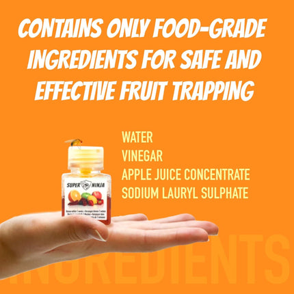 Hand holding Super Ninja fruit fly trap with benefits list