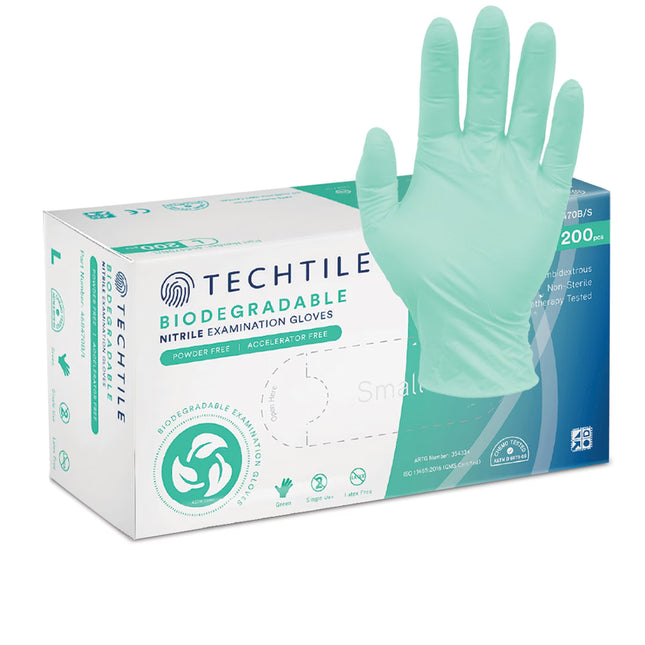 Box of Techtile biodegradable nitrile examination gloves with a single glove displayed.