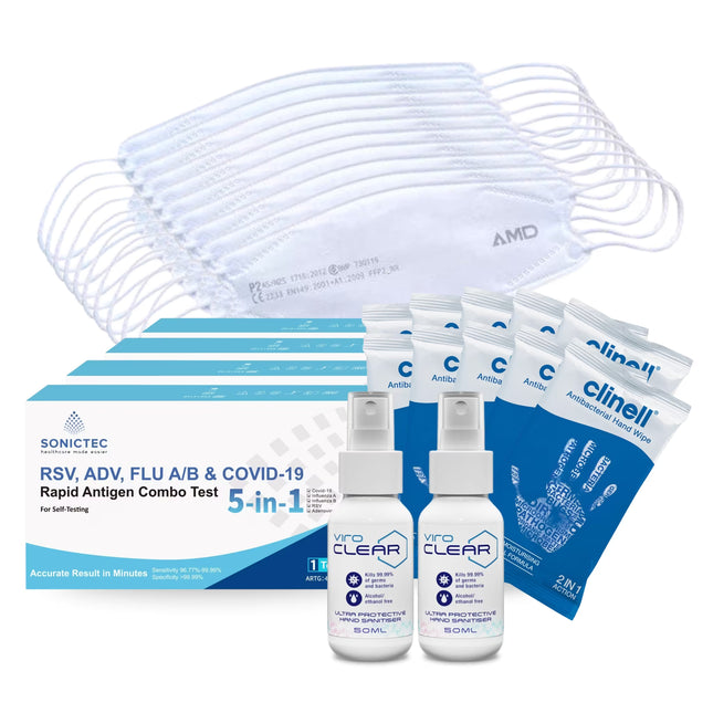 Travel Safe Family Pack contents including multiple AMD white P2 masks, Clinell antibacterial hand wipes, ViroCLEAR 50ml hand sanitisers and RSV, Flu A/B & COVID-19 5-in-1 rapid antigen tests