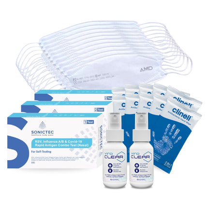 Travel Safe Family Pack contents including multiple AMD white P2 masks, Clinell antibacterial hand wipes, ViroCLEAR 50ml hand sanitisers and RSV, Flu A/B & COVID-19 5-in-1 rapid antigen tests