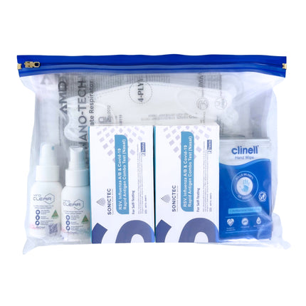 Travel Safe Family Pack in clear zip pouch with AMD P2 masks, ViroCLEAR hand sanitisers, Clinell antibacterial wipes and 5-in-1 rapid antigen combo tests