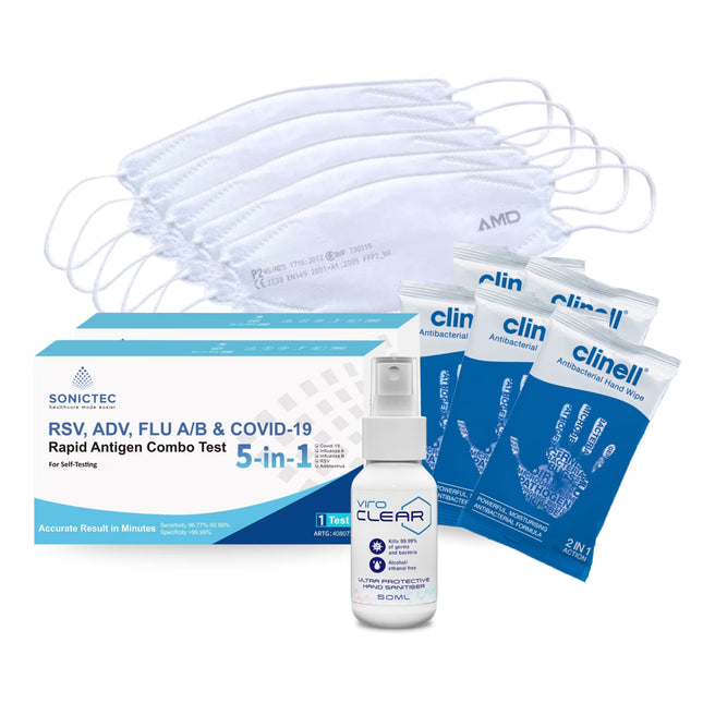 Travel Safe Pack Small contents including AMD white P2 masks, Clinell antibacterial wipes, ViroCLEAR 50ml hand sanitiser and RSV, Flu A/B & COVID-19 5-in-1 rapid antigen test