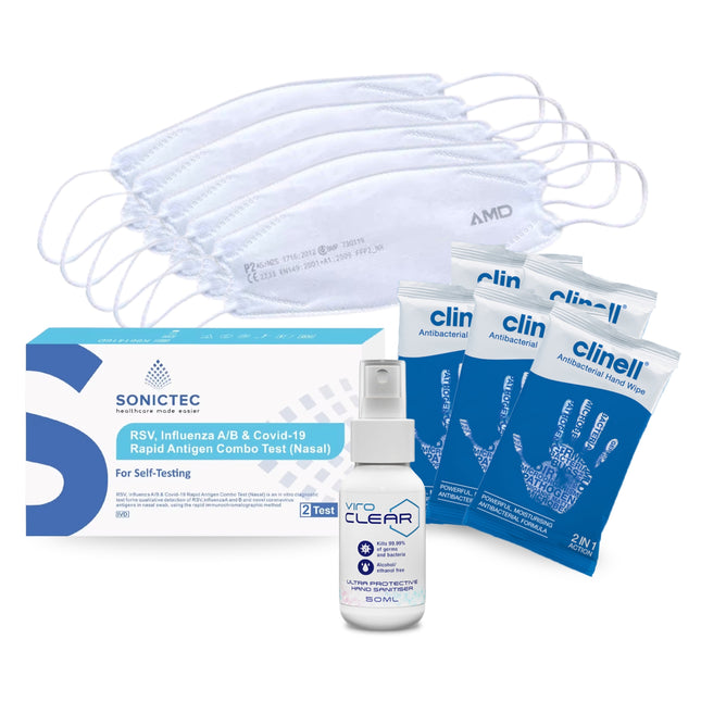 Travel Safe Pack Small contents including AMD white P2 masks, Clinell antibacterial wipes, ViroCLEAR 50ml hand sanitiser and RSV, Flu A/B & COVID-19 5-in-1 rapid antigen test