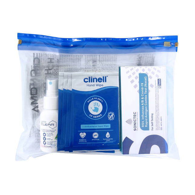 Travel Safe Pack Small in clear zip pouch with AMD P2 mask, Clinell antibacterial hand wipes, ViroCLEAR hand sanitiser and 5-in-1 rapid antigen test