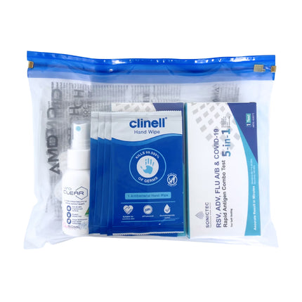 Travel Safe Pack Small in clear zip pouch with AMD P2 mask, Clinell antibacterial hand wipes, ViroCLEAR hand sanitiser and 5-in-1 rapid antigen test