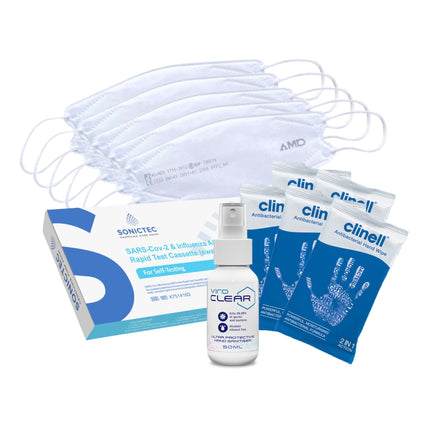 Collection of medical supplies including masks, test kits, and hand sanitiser