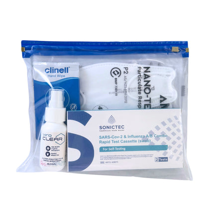 Collection of medical supplies including hand wipes, a particulate respirator, and test cassettes in a clear bag.